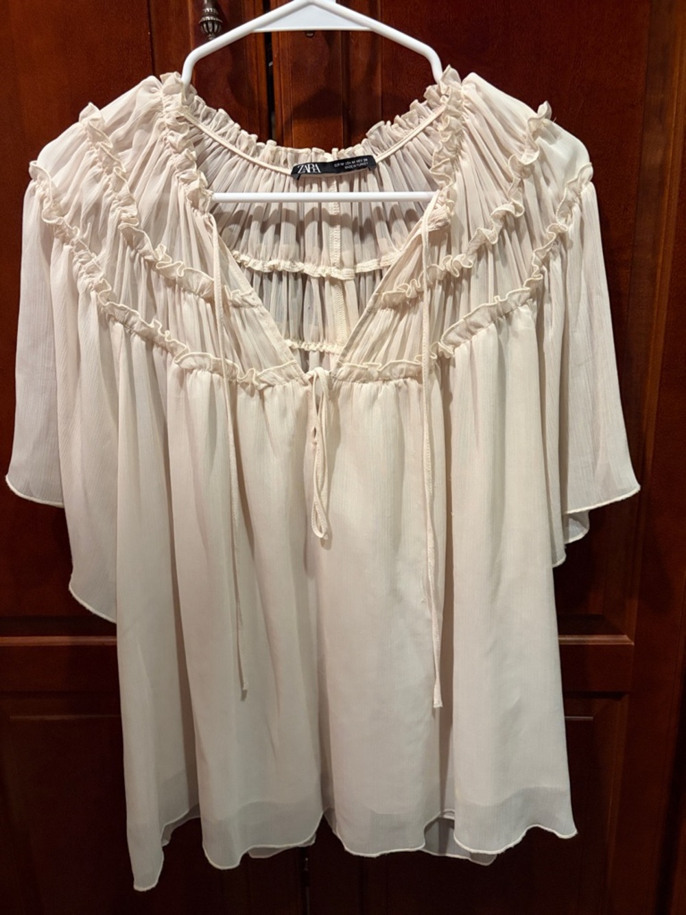 Zara Ivory Ruffled Tie-Front Peasant Blouse Size M